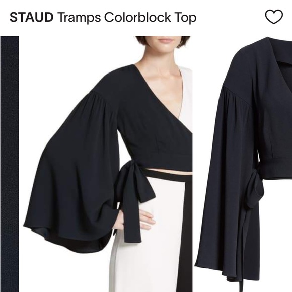 STAUD TRAMPS BLACK AND WHITE COLOR BLOCK WIDE SLEEVE CROP TOP NWT SIZE M - Picture 3 of 11